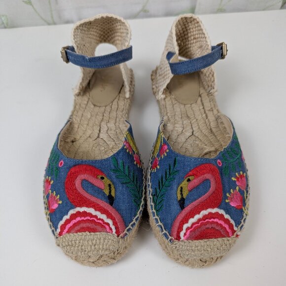 Boden | Blue Flamingo Embroidered Ankle Strap Espadrille Sandals Size US 5.5 - Picture 8 of 8